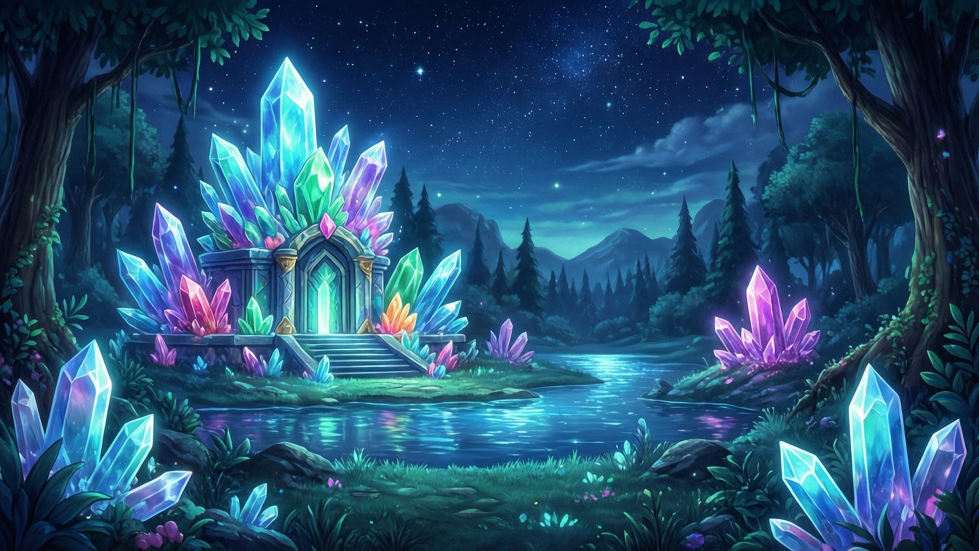 水晶神殿之夜 壁紙 — 在星空下，夜晚的神秘森林中，一座發光的水晶神殿。