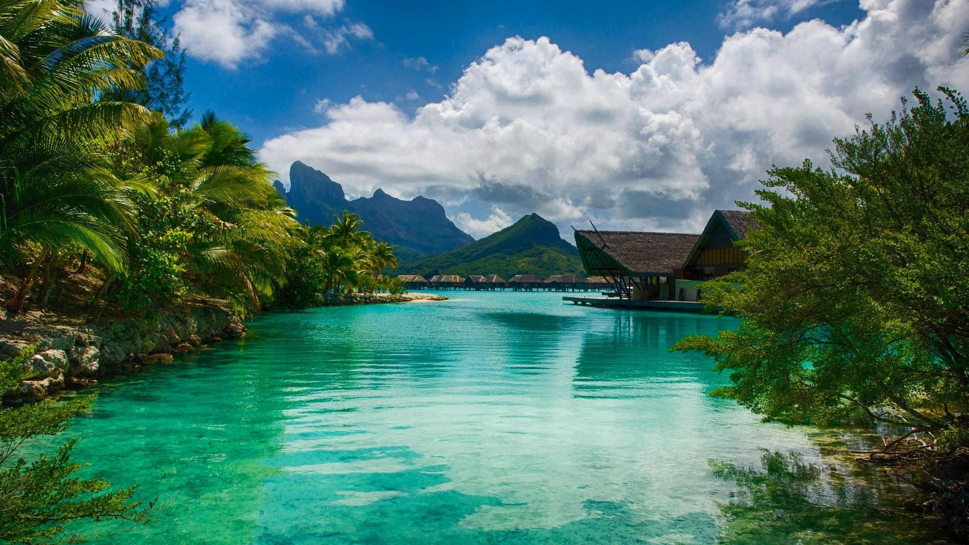Bora Bora 桌布 壁紙 — 水晶般清澈的藍綠色潟湖，周圍環繞著茂密的棕櫚樹和遠處的綠色山脈，在明亮的藍天和蓬鬆的白雲下。