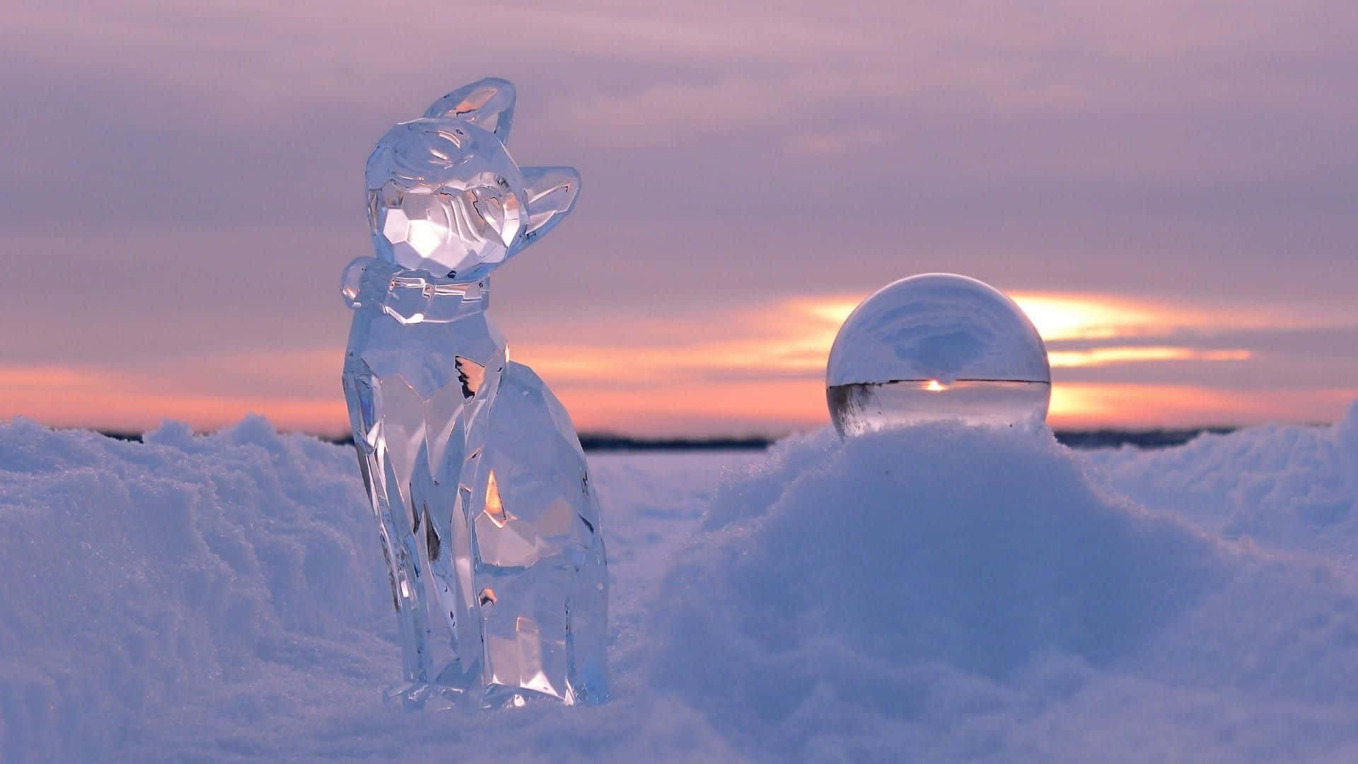 Ice Sculpture 桌布 壁紙 — 水晶貓和球體雕塑在柔和的暮光雪中閃耀，映襯著粉彩夕陽天空。