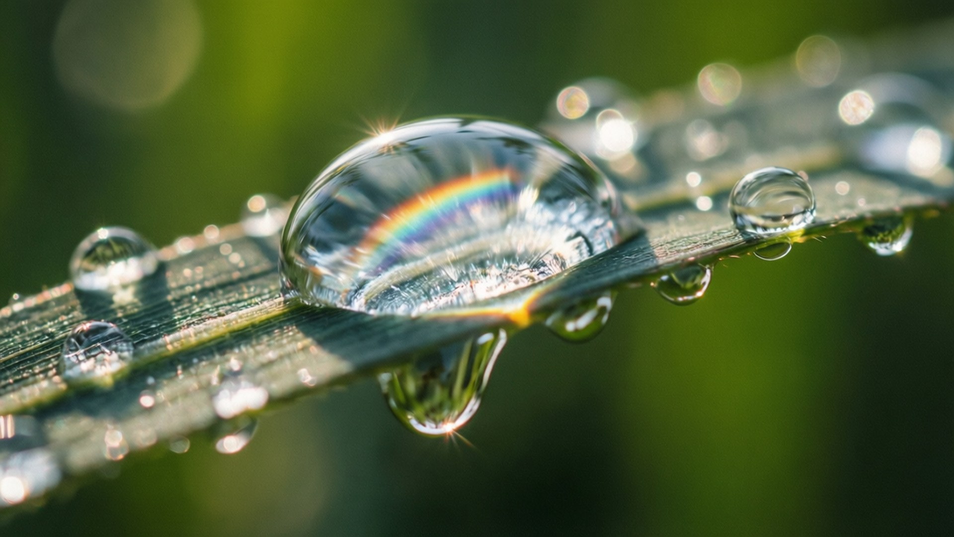 水滴垂落 壁紙 — 草葉上的一顆巨大露珠將陽光折射成鮮豔的彩虹，周圍較小的水滴閃閃發光。