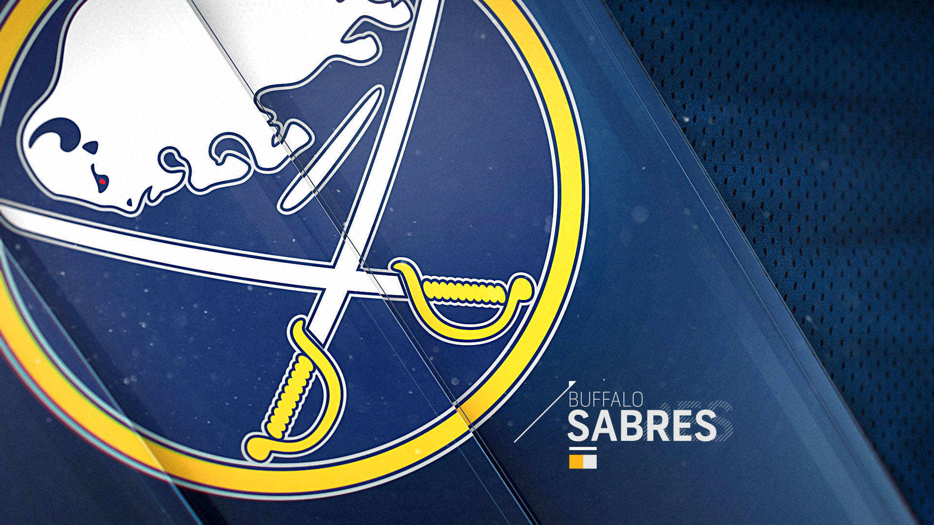 Sabres 桌布 壁紙 — 水牛城軍刀標誌在藍色紋理表面上的特寫，帶有對角光反射。