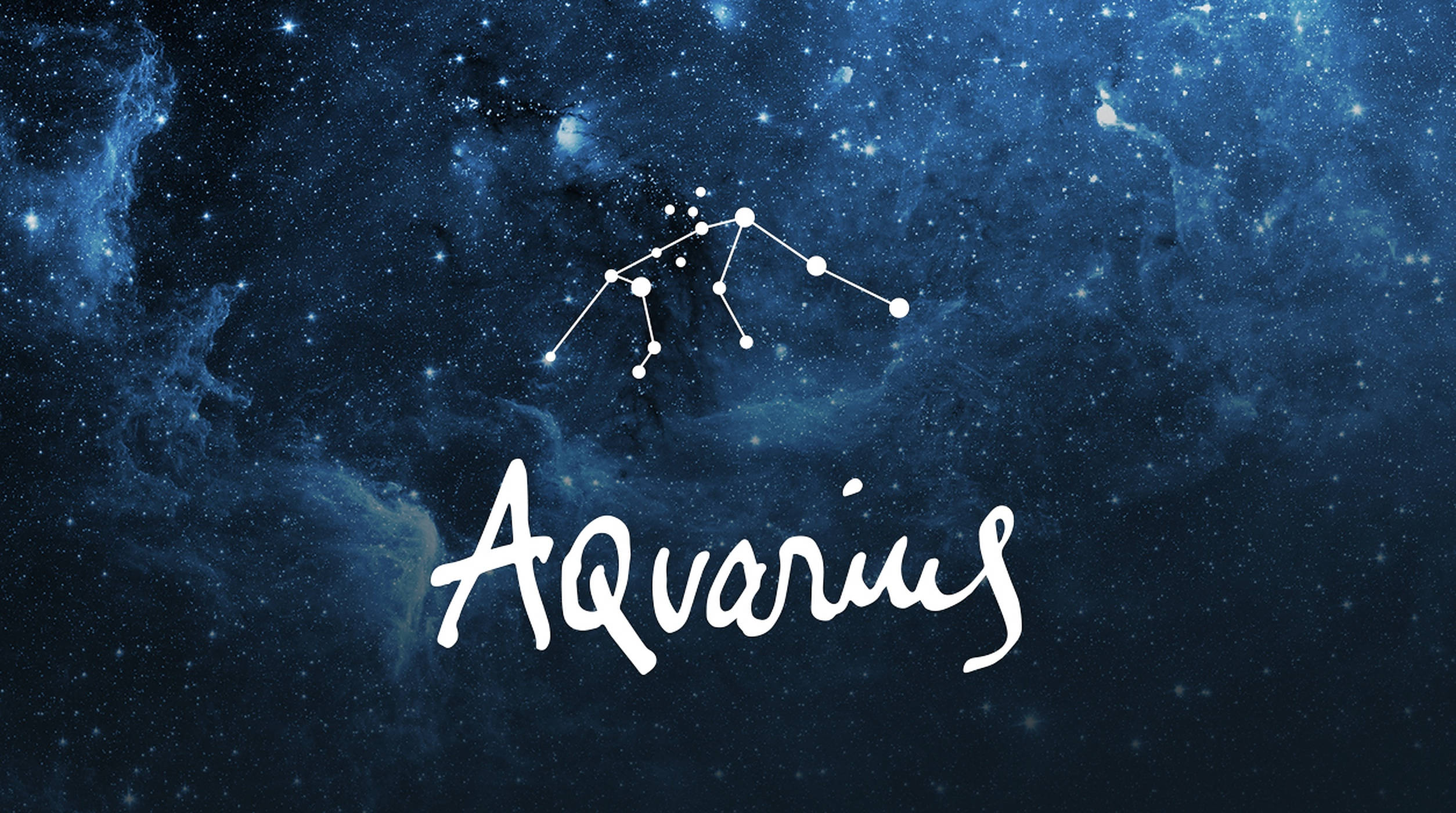 aquarius 桌布 壁紙 — 水瓶座在深藍色星雲中閃耀，下方書寫著「Aquarius」字樣。
