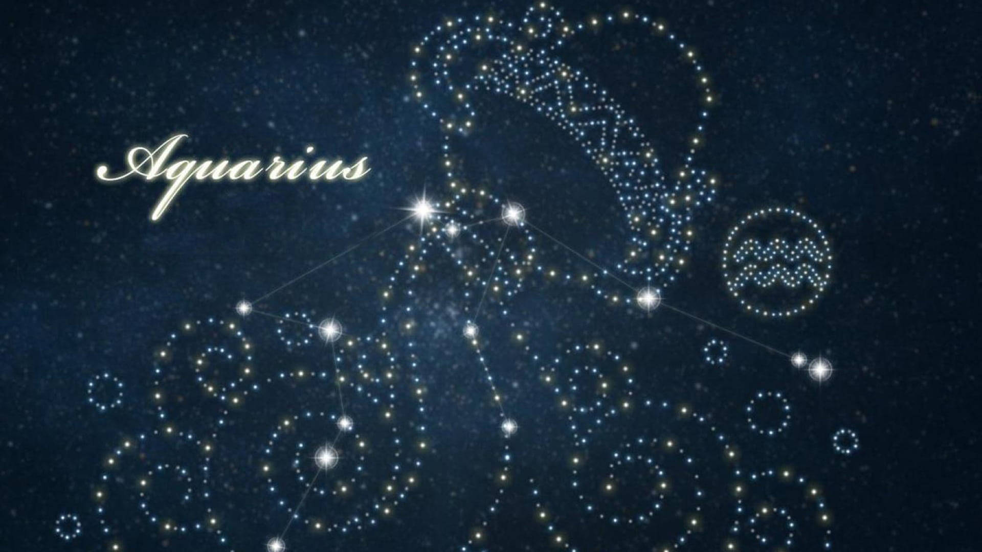 aquarius 桌布 壁紙 — 水瓶座星圖描繪成一個發光的人形，從容器中倒出水，背景是繁星點點的夜空。