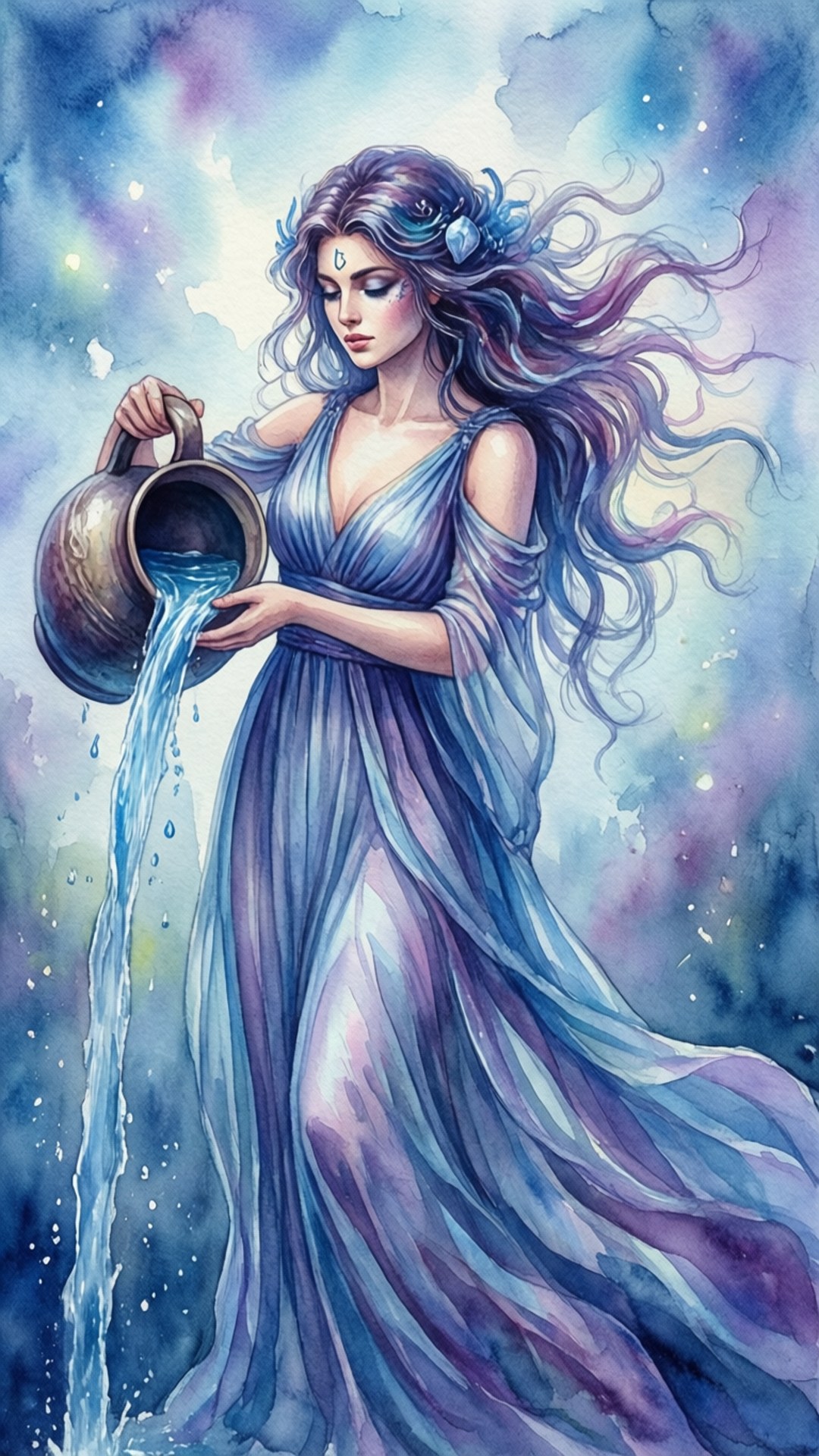 水瓶座水彩女子 壁紙 — 一位身穿飄逸藍色長袍的水之女神，在宇宙星空背景下從壺中倒出液體。