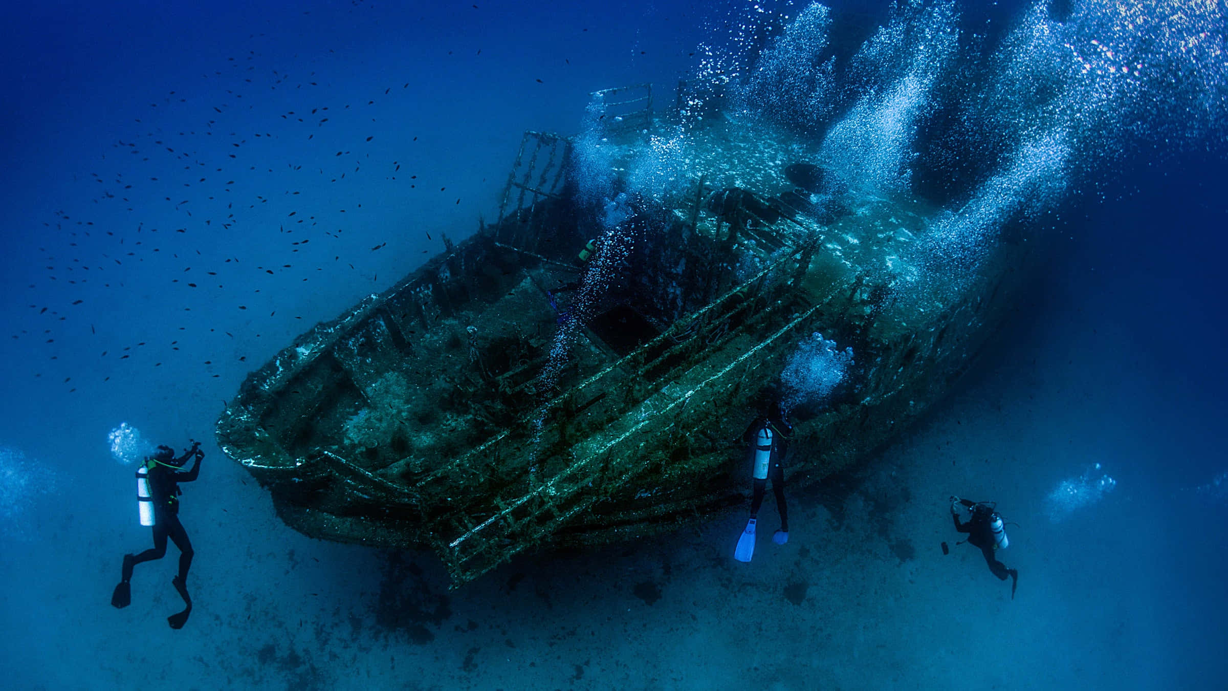Underwater Scary Ocean 桌布 壁紙 — 水肺潛水員在深藍色海水中探索被魚群和上升氣泡包圍的沉船殘骸。