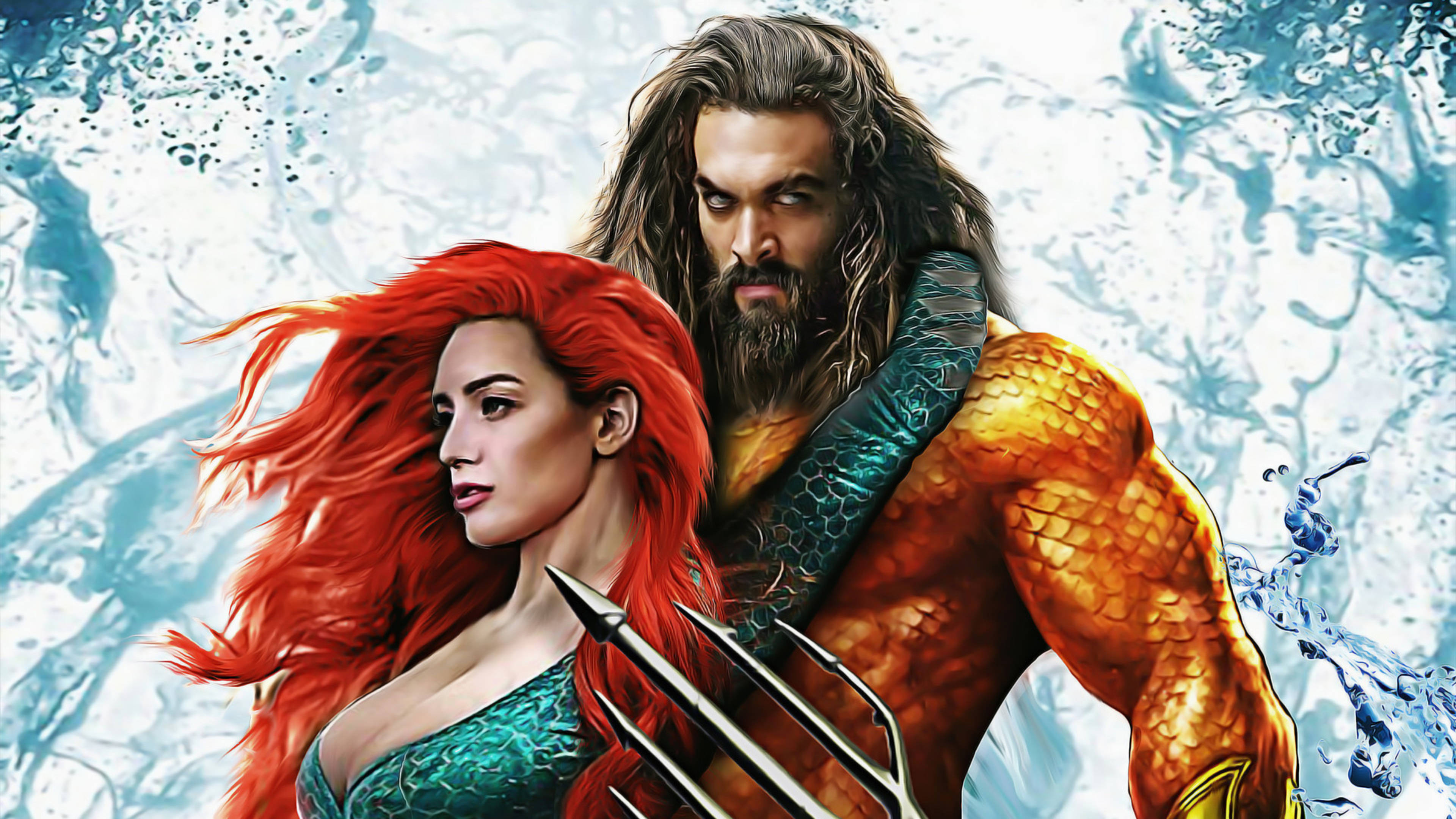 Aquaman 桌布 壁紙 — 水行俠和梅拉在洶湧的海浪中強勢站立，擁有鮮豔的紅髮和鱗甲。