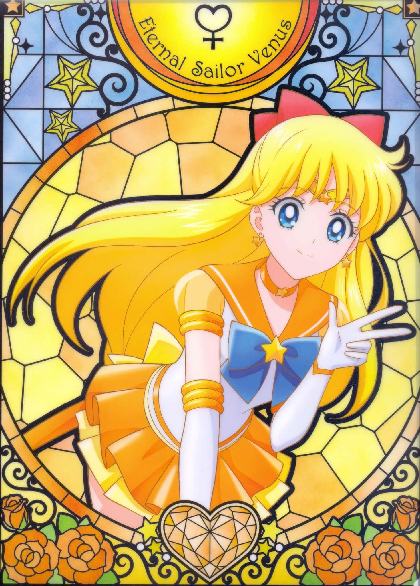 Sailor Venus 桌布 壁紙 — 永恆水手金星穿著橙色水手服，在飾有玫瑰和星星的彩繪玻璃窗設計中愉快地擺姿勢。
