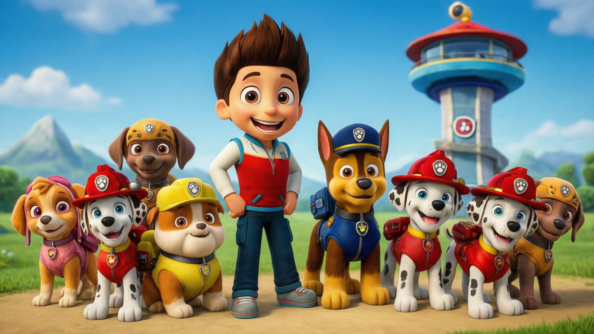 汪汪队立大功家族 壁紙 — Paw Patrol 團隊和萊德在明亮的藍天下，背景有山脈的塔前愉快地站立。