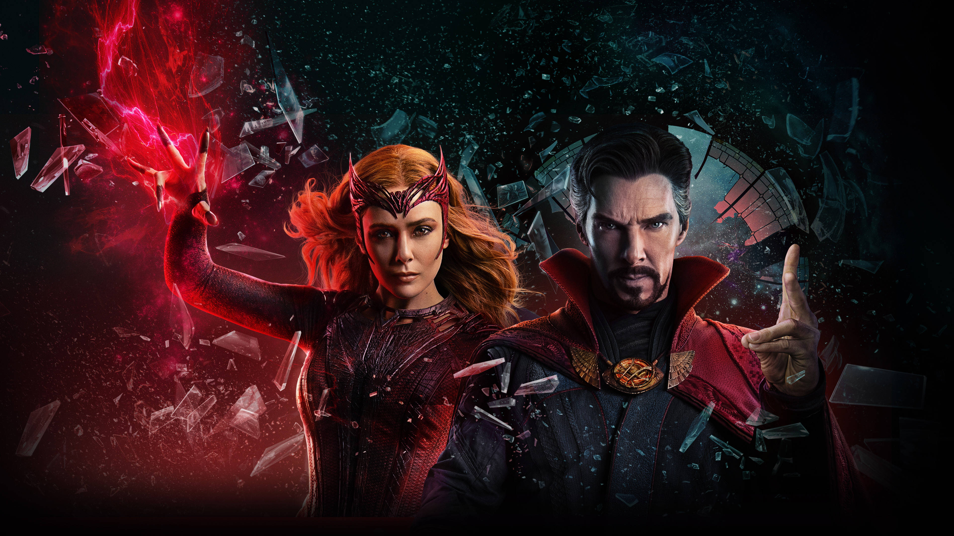 Scarlet Witch 桌布 壁紙 — 汪達·馬克希莫夫和奇異博士站在破碎的玻璃之中，她的手中迸發出紅色能量，身後神秘符號閃耀著光芒。
