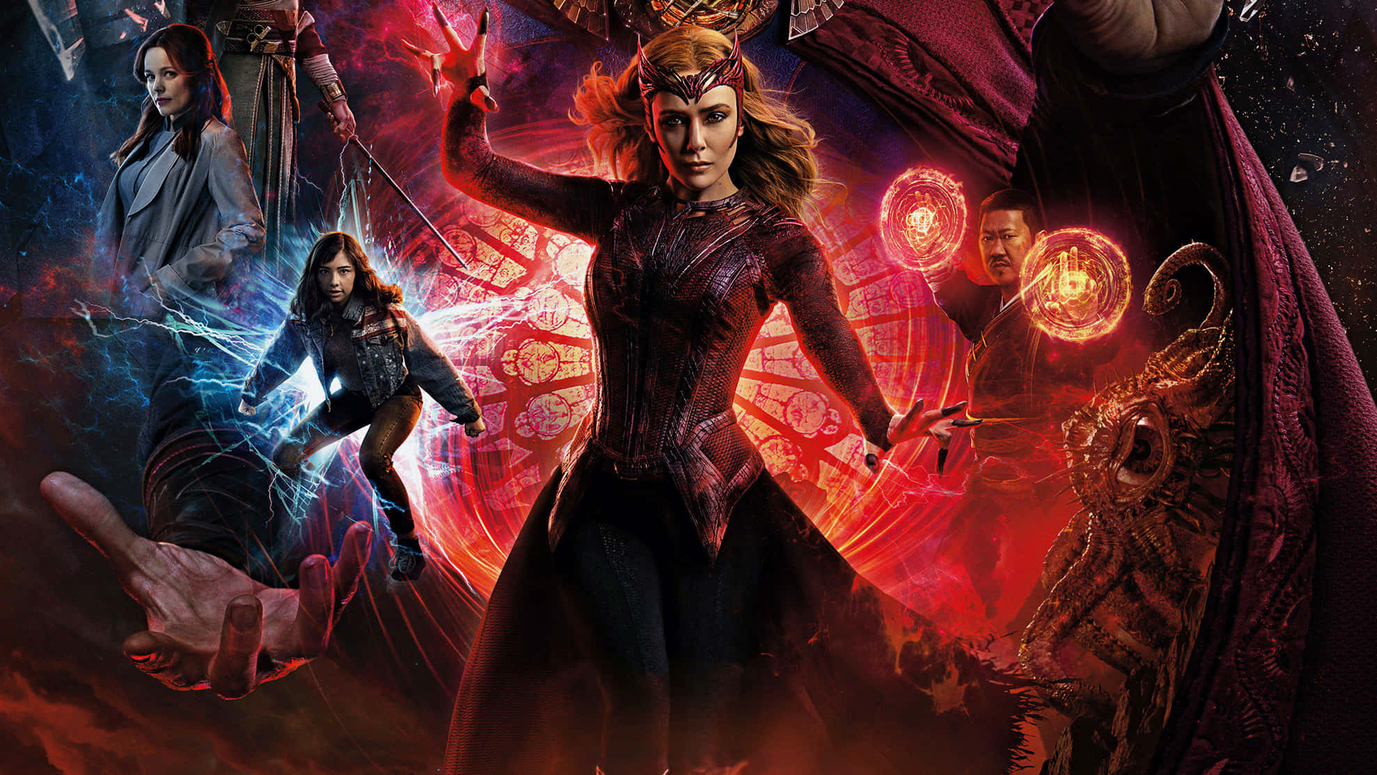 Doctor Strange Multiverse Of Madness 桌布 壁紙 — 汪達·馬克希莫夫在充滿活力的紅色和藍色宇宙戰鬥場景中，與盟友和魔法效果一起引導神秘能量。