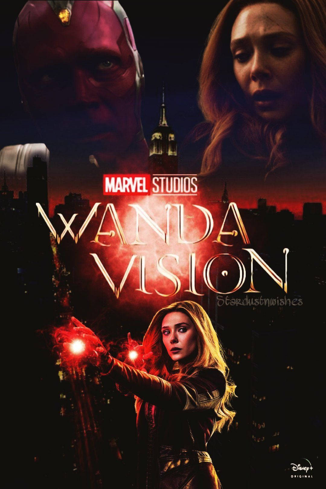 Wandavision 桌布 壁紙 — 汪達·馬克希莫夫在黑暗的城市天際線中引導神秘能量，幻視在上方盤旋，帝國大廈在背景中閃耀。