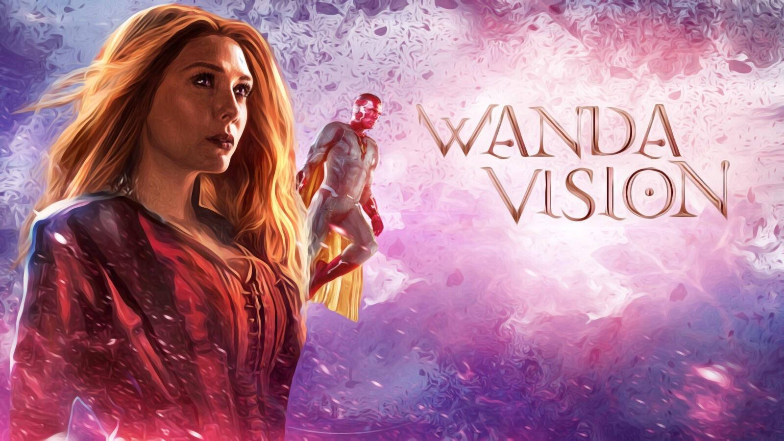 Wandavision 桌布 壁紙 — 汪達·馬克希莫夫站在夢幻般的紫色迷霧中，幻視懸浮在她身後，標題《汪達與幻視》閃耀著光芒。