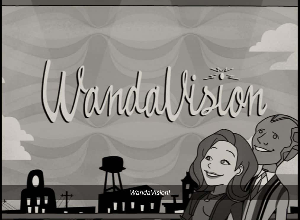 Wandavision 桌布 壁紙 — 《汪達與幻視》的黑白動畫標題卡，以風格化的郊區背景為襯托，展現微笑的角色。