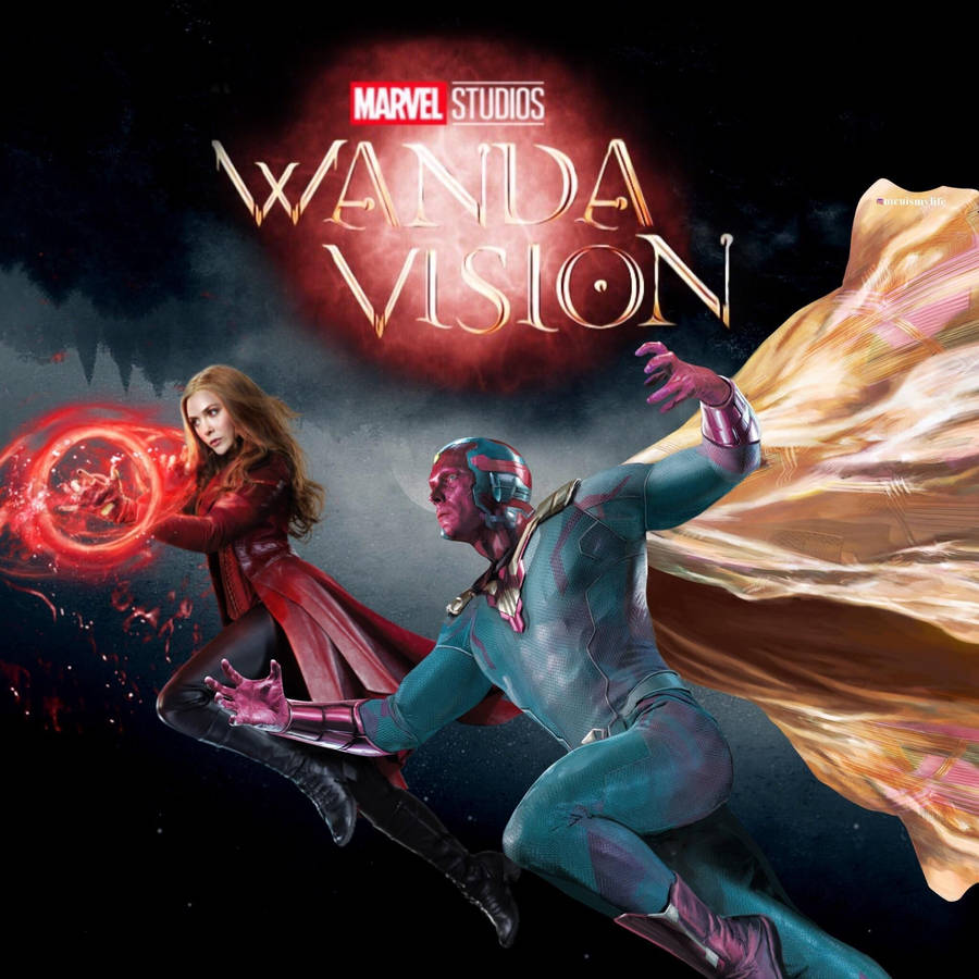 Wandavision 桌布 壁紙 — 汪達與幻視在宇宙背景下動態飛翔，帶有發光能量效果和Marvel Studios標題。