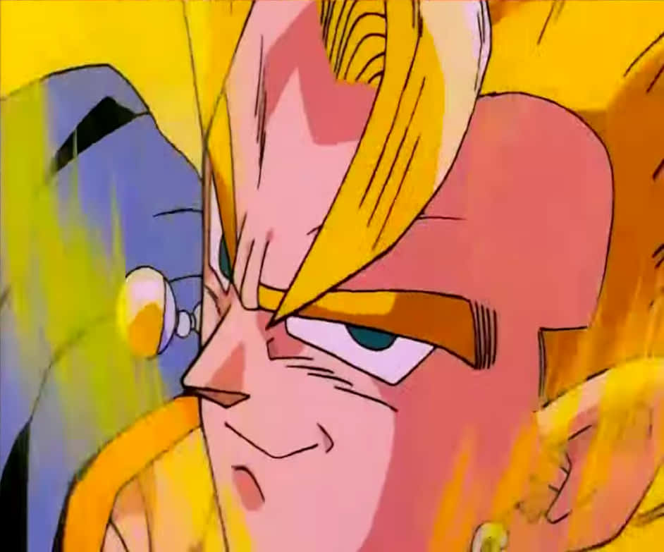 Funny Goku 桌布 壁紙 — 決心堅定的動漫戰士特寫，擁有尖刺金髮和閃耀著力量的強烈藍色眼睛。