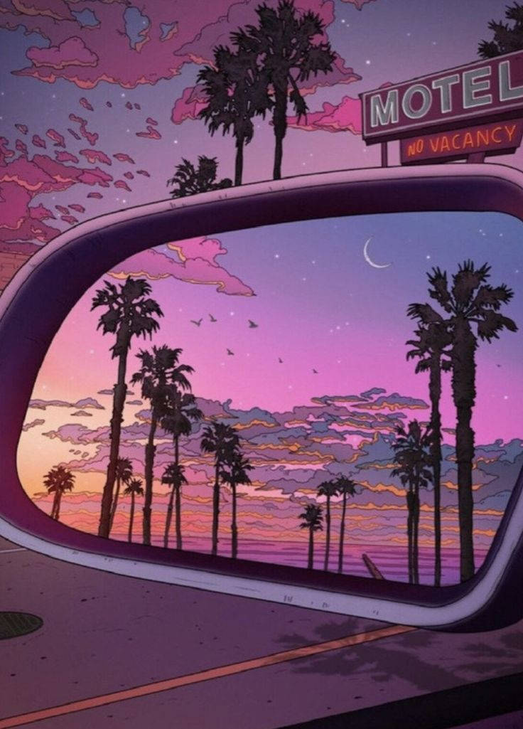 Summer Vibes 桌布 壁紙 — 汽車側鏡反射出超現實的粉紅色日落，棕櫚樹和彎月映襯在汽車旅館招牌下。
