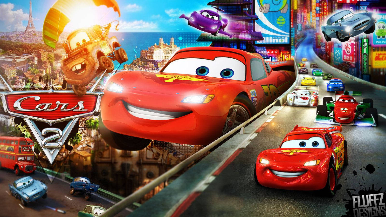 cars 桌布 壁紙 — 《汽車總動員2》中充滿活力的動畫場景，閃電麥坤與其他擬人化汽車在繁華的城市景觀中競速。
