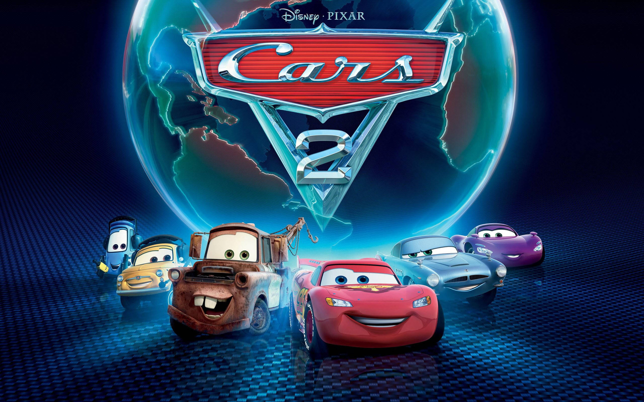 Pixar 桌布 壁紙 — 《汽車總動員2》中色彩鮮豔的動畫汽車，在發光的地球儀和電影標題前自豪地站立。