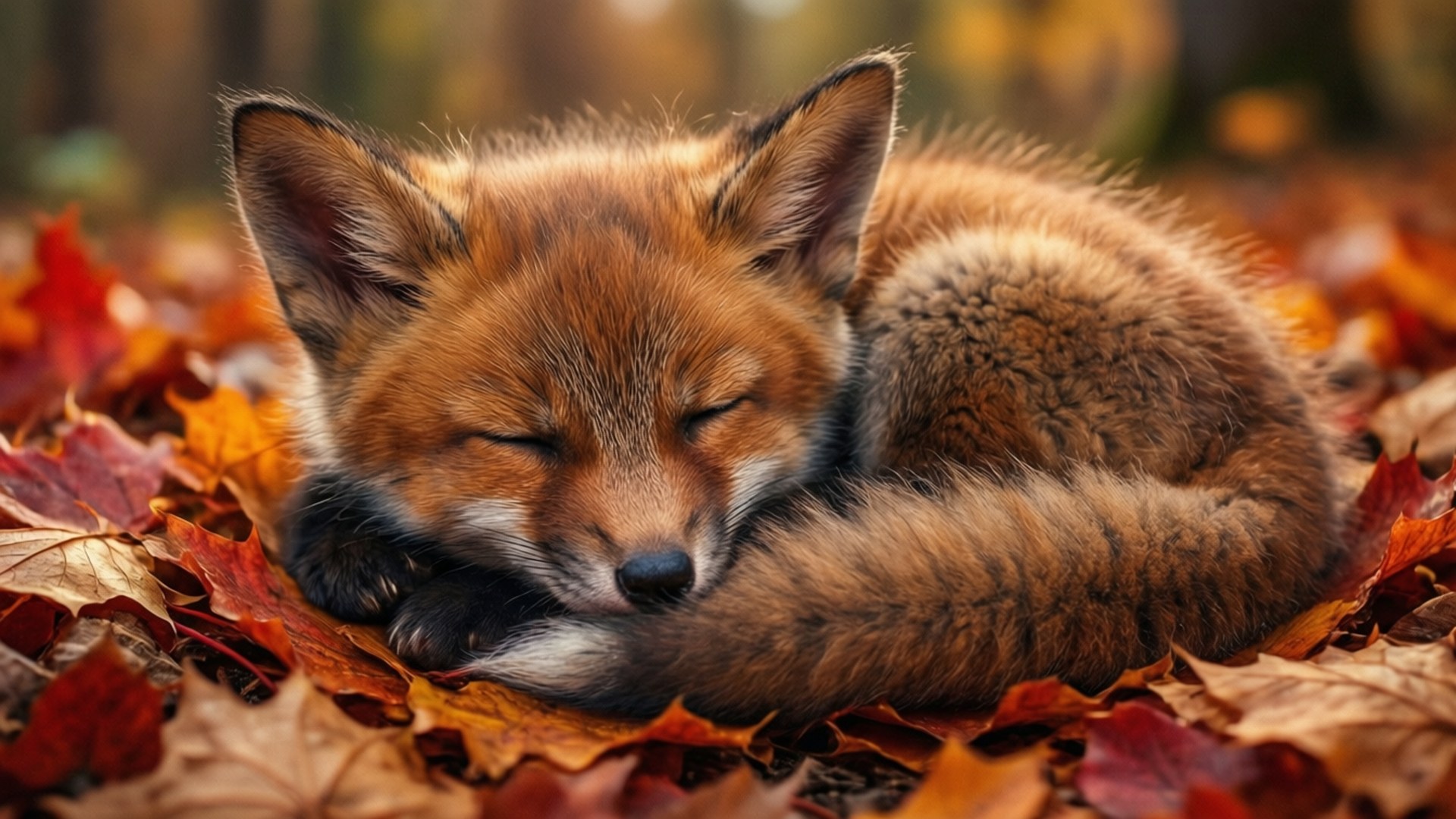 沉睡的小狐狸 壁紙 — 一隻平靜的紅狐在柔和模糊的森林中蜷縮在鮮豔的秋葉間睡覺。