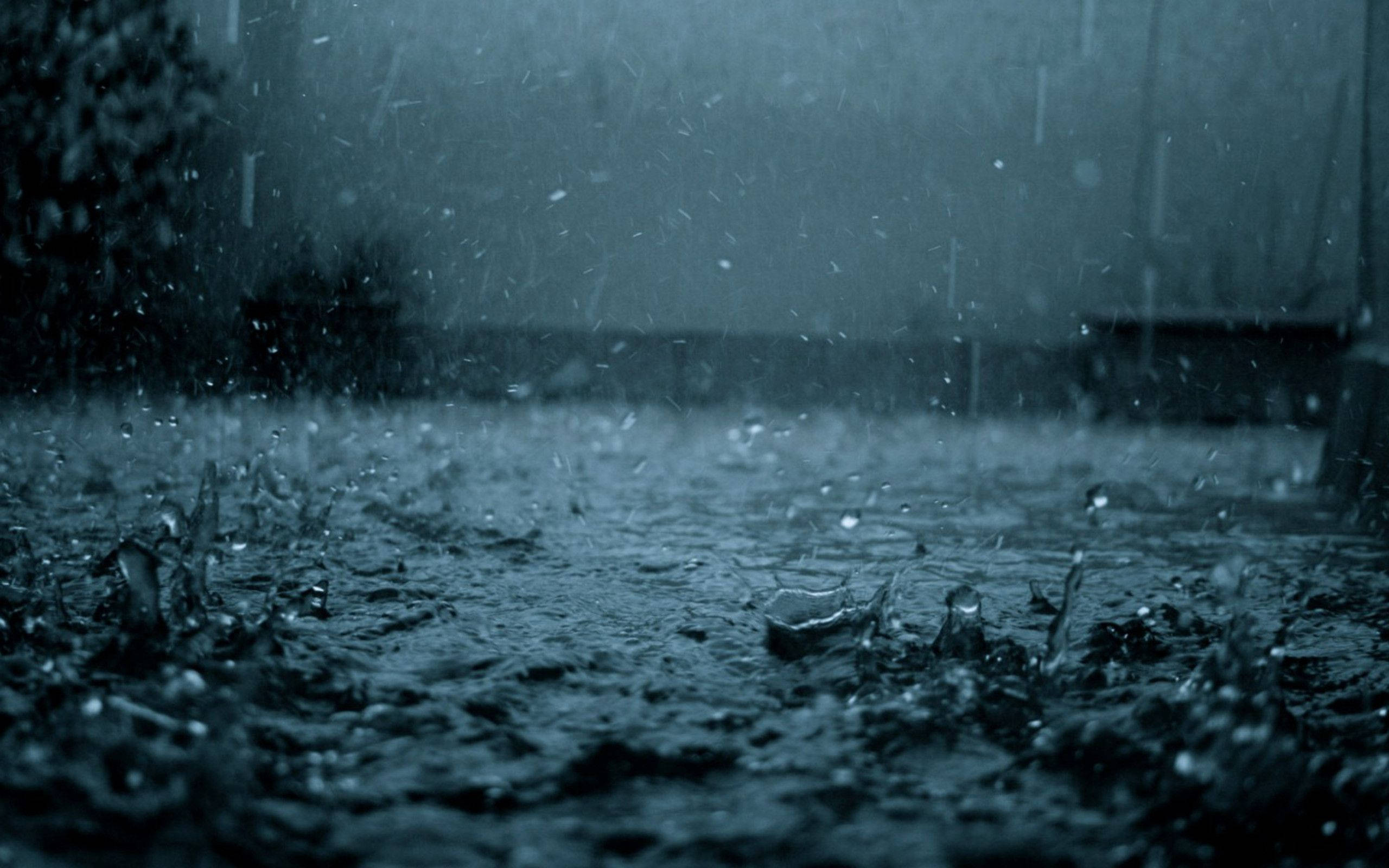 Rainy Day 桌布 壁紙 — 沉重的雨滴猛烈撞擊濕漉漉的路面，在昏暗的藍灰色光線下形成水花和漣漪。