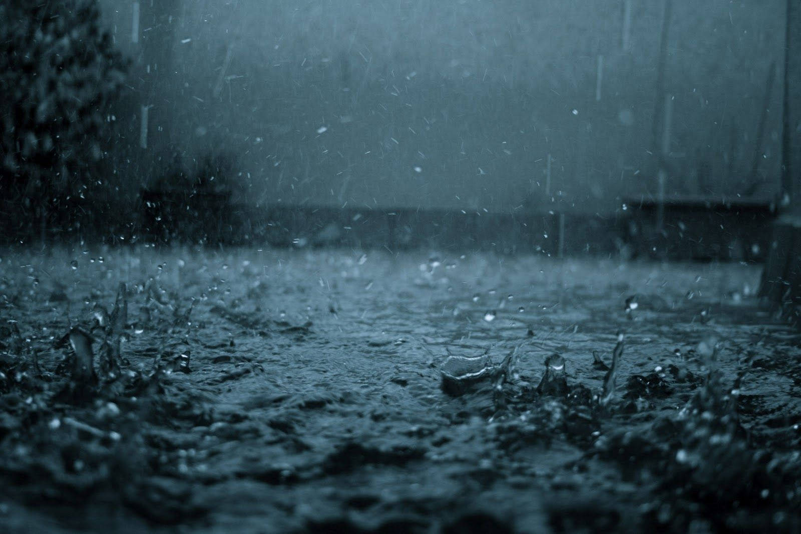 傷心 桌布 壁紙 — 沉重的雨滴落在濕漉漉的路面上，在昏暗的城市場景中濺起水花。