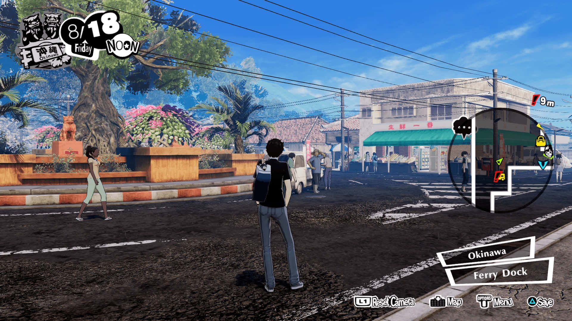 Persona 5 Strikers 桌布 壁紙 — 沖繩晴朗的日間街景，角色正走向有棕櫚樹和色彩繽紛花朵的渡輪碼頭。