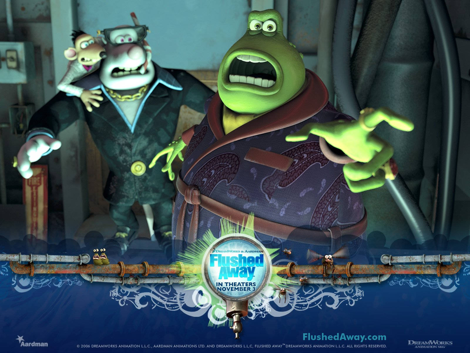 Flushed Away 桌布 壁紙 — 《沖走小老鼠》中下水道管道場景的兩個動畫角色，表情誇張，紋理細緻。