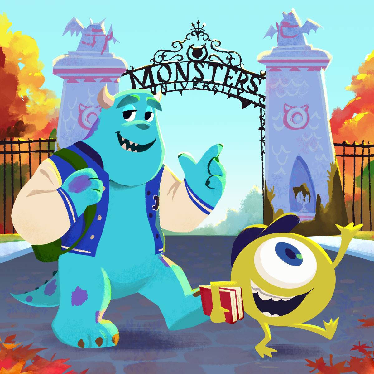 sulley 桌布 壁紙 — 沙利和麥克華斯基在明亮的秋天下愉快地走過怪獸大學的大門。