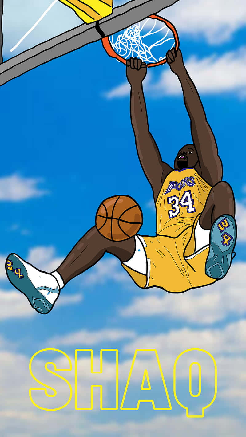Cartoon NBA Players 桌布 壁紙 — 沙基·歐尼爾身穿黃色湖人球衣，在明亮的藍天白雲下灌籃。