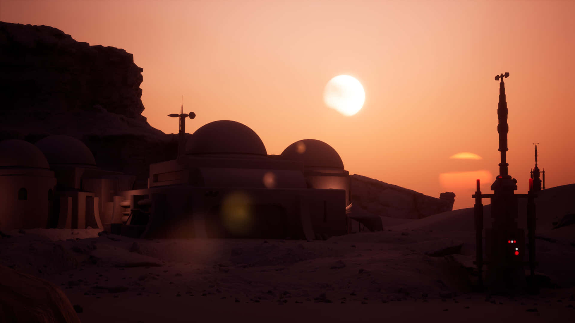 Tatooine 桌布 壁紙 — 沙漠前哨站，圓頂結構和高塔在發光的橙色日落天空襯托下形成剪影。