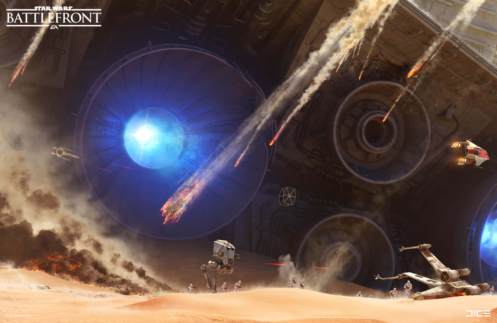 Jakku 桌布 壁紙 — 沙漠峽谷中的激烈戰鬥場景，星際戰鬥機和AT-AT在爆炸和煙霧中開火。