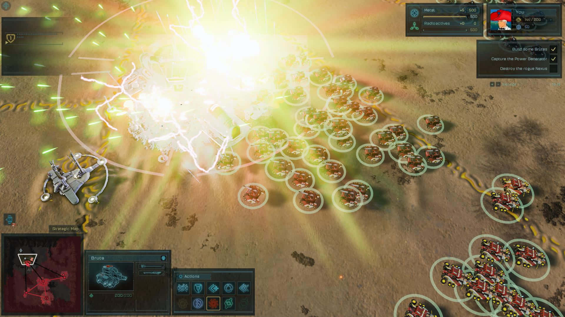 Ashes Of The Singularity 桌布 壁紙 — 沙漠戰場上發生明亮的爆炸，單位在UI覆蓋層下參與戰術戰鬥遊戲。
