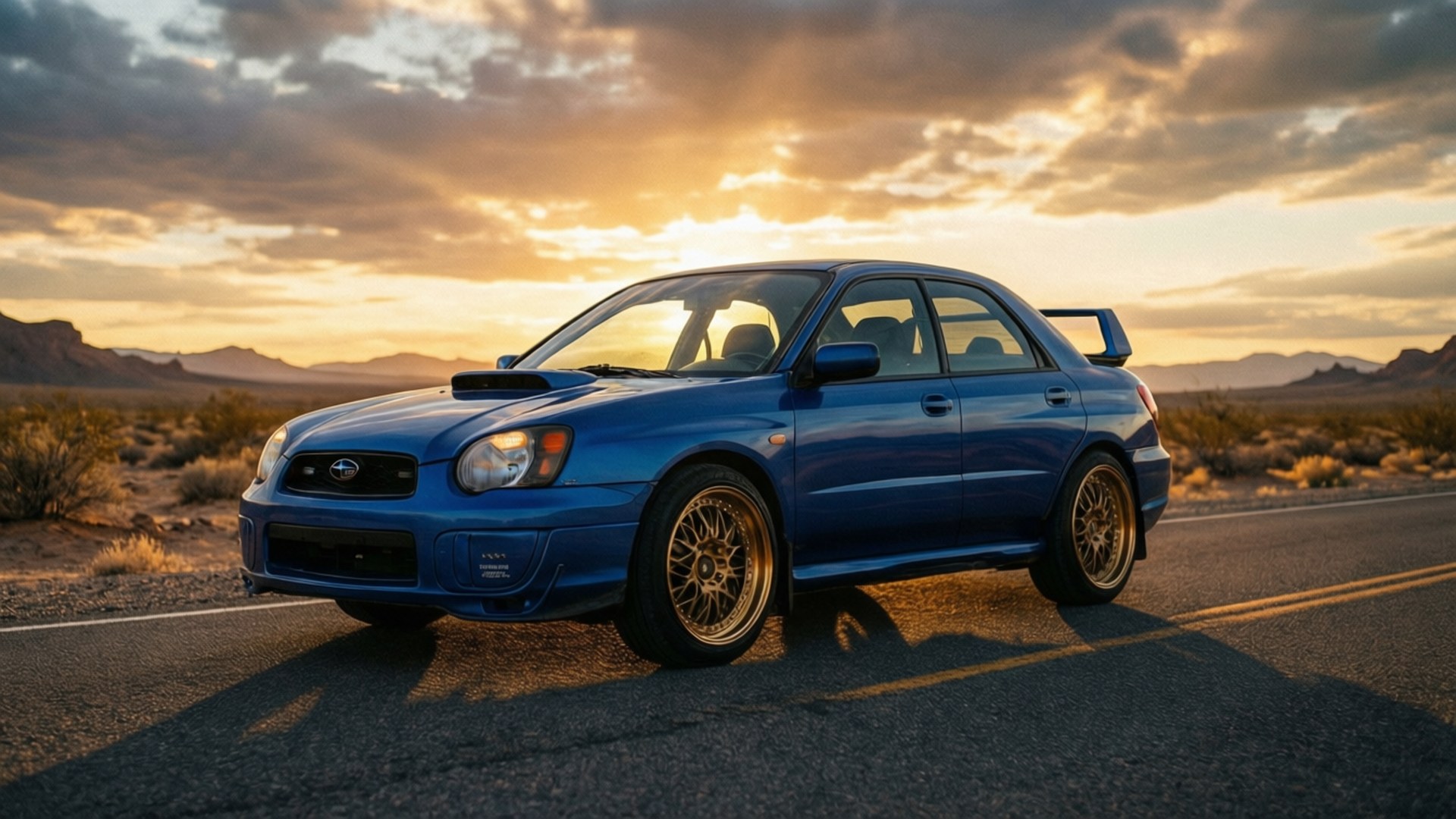 沙漠日落 壁紙 — 一輛充滿活力的藍色Subaru WRX STI停泊在沙漠公路上，天空是金色的日落，伴隨著戲劇性的雲彩。