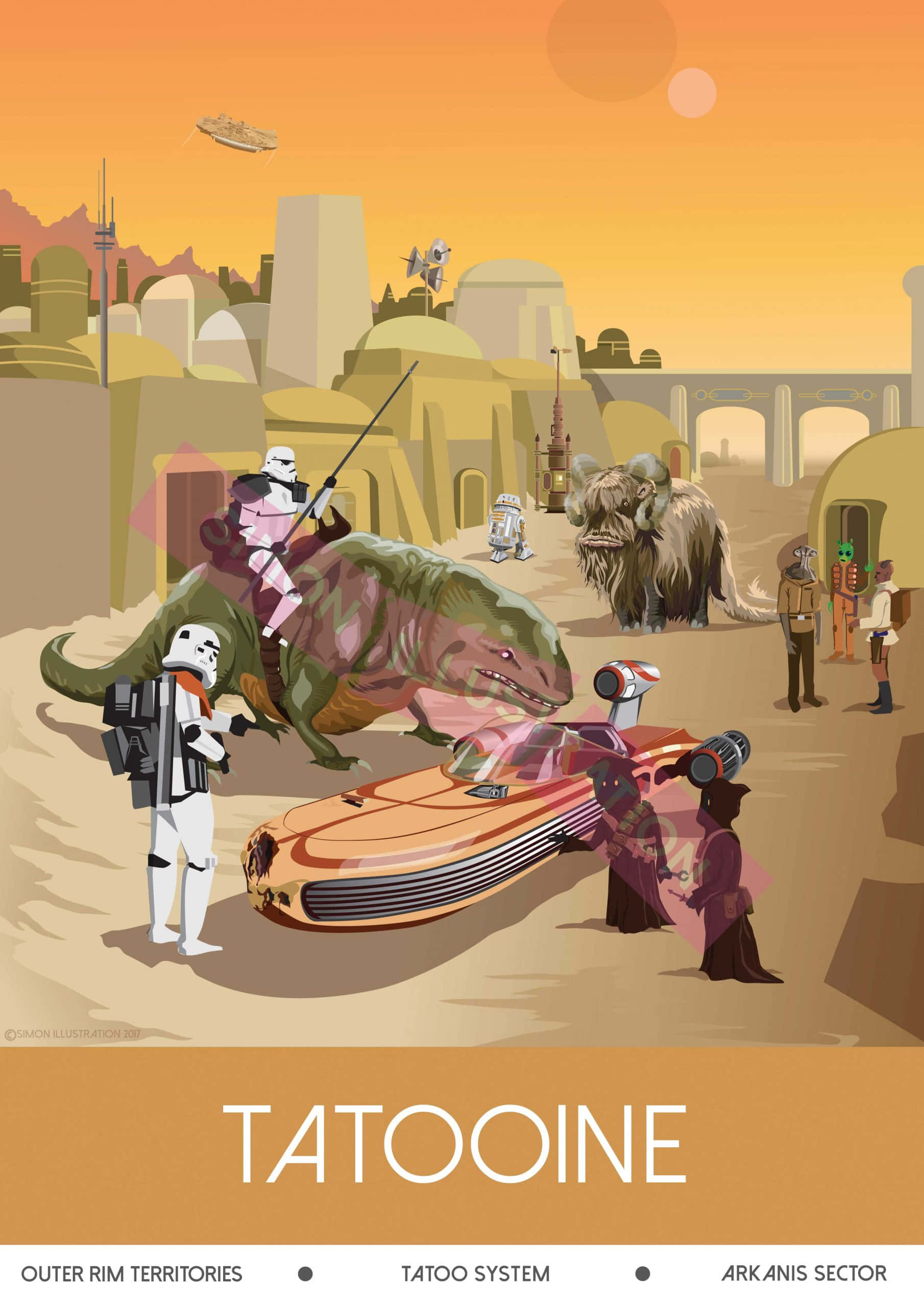 Tatooine 桌布 壁紙 — 沙漠星球場景，有風暴兵、飛梭賽車和班薩獸，天空呈橙色。