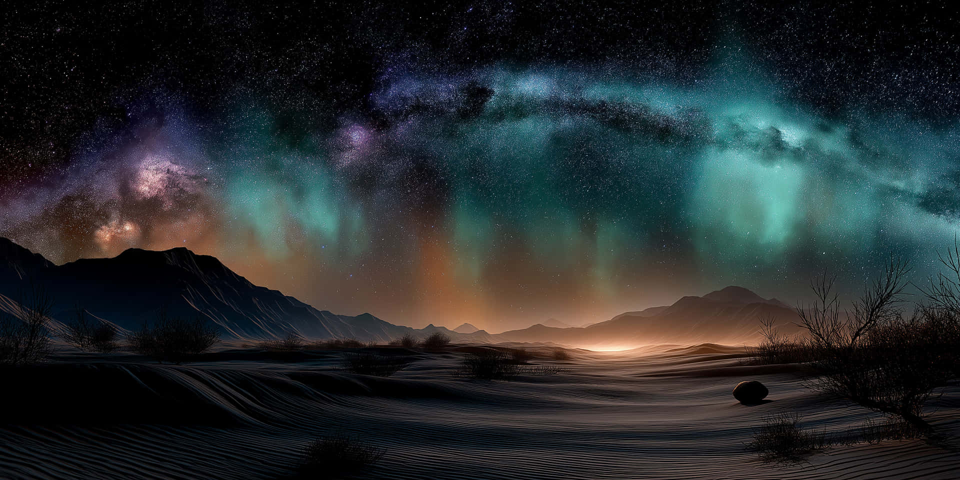 Surreal Nightscape Beneath a Starry Cosmic Sky 壁紙 — 沙漠景觀，在充滿活力的極光和星空下，山巒呈現剪影。