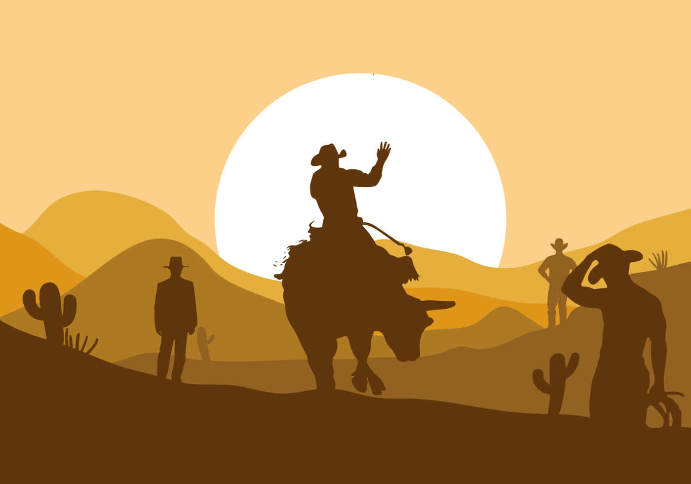 Bull Rider 桌布 壁紙 — 沙漠景觀中，剪影般的牛仔和一頭弓背的公牛映襯著巨大的太陽。