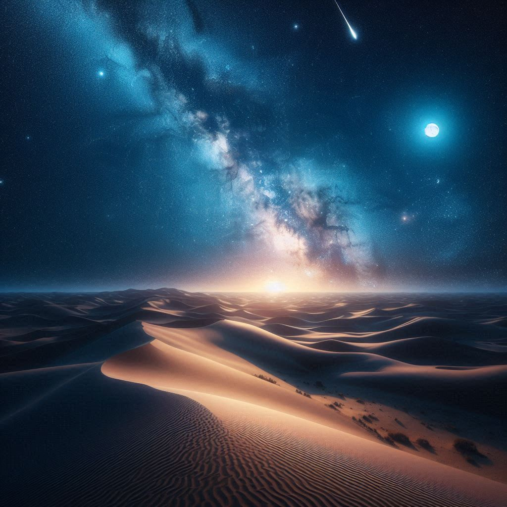 星星 桌布 壁紙 — 沙漠沙丘景觀，在充滿星星的鮮豔藍色夜空、發光的月亮和地平線上的流星之下。