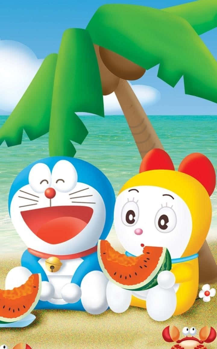 沙灘上的哆啦A夢與西瓜 壁紙