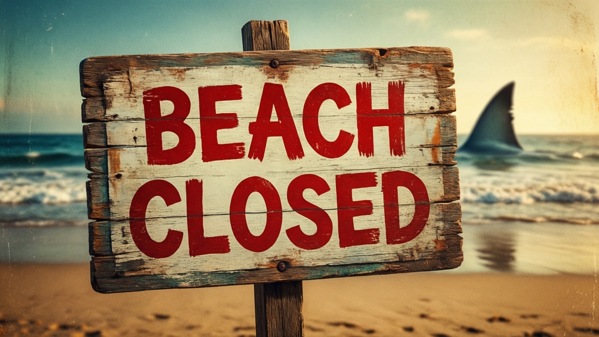 沙灘關閉 壁紙 — 一塊風化的木牌寫著「BEACH CLOSED」，而鯊魚鰭從其後的海浪中浮現。