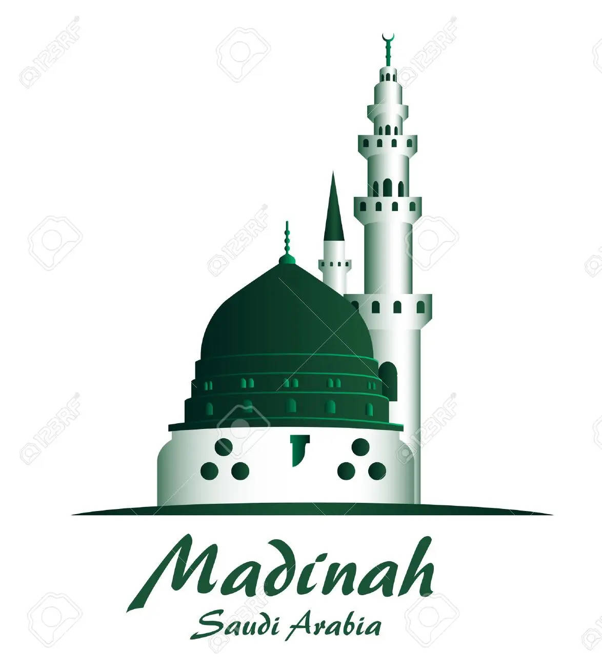 Madina 桌布 壁紙 — 沙烏地阿拉伯麥地那先知清真寺的風格化綠色和白色插圖，帶有宣禮塔和圓頂。