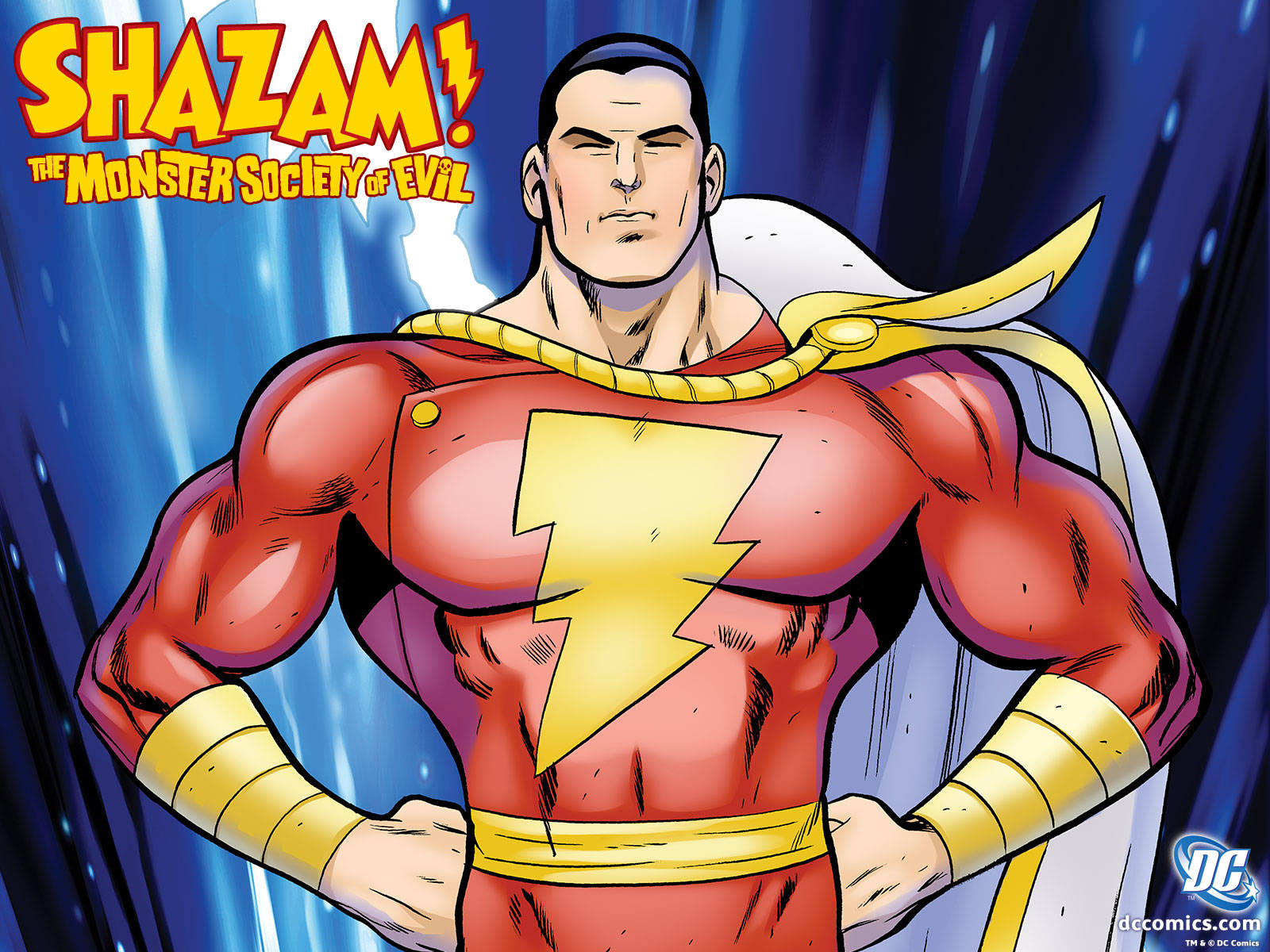 Shazam 桌布 壁紙 — 沙贊以紅色和金色服裝，胸前有閃電標誌，在動態藍色背景前強勢站立。
