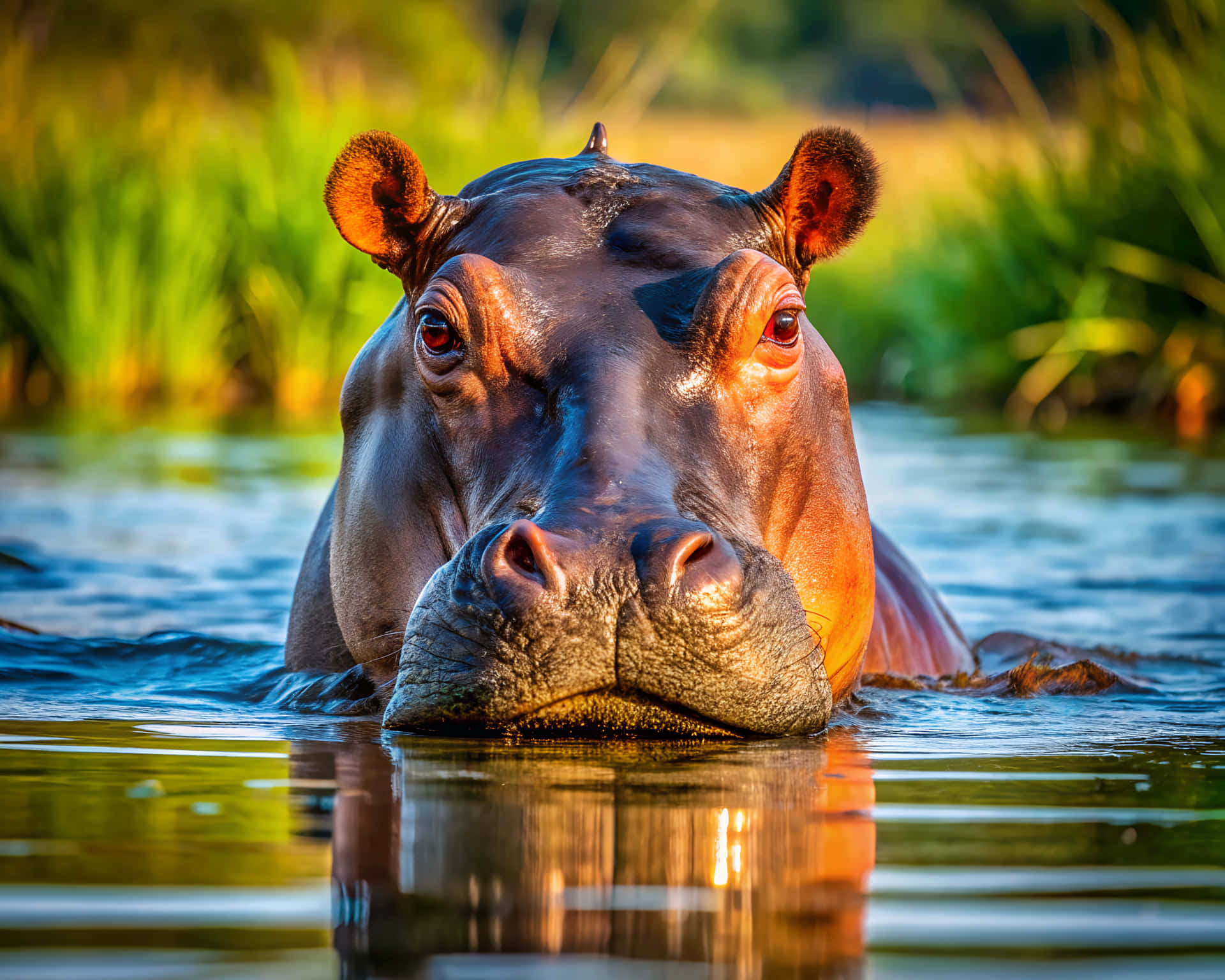 Close-up of a hippopotamus's head 壁紙 — 河馬從水中浮出的特寫，金色光線突顯其濕潤的皮膚和警覺的眼睛。