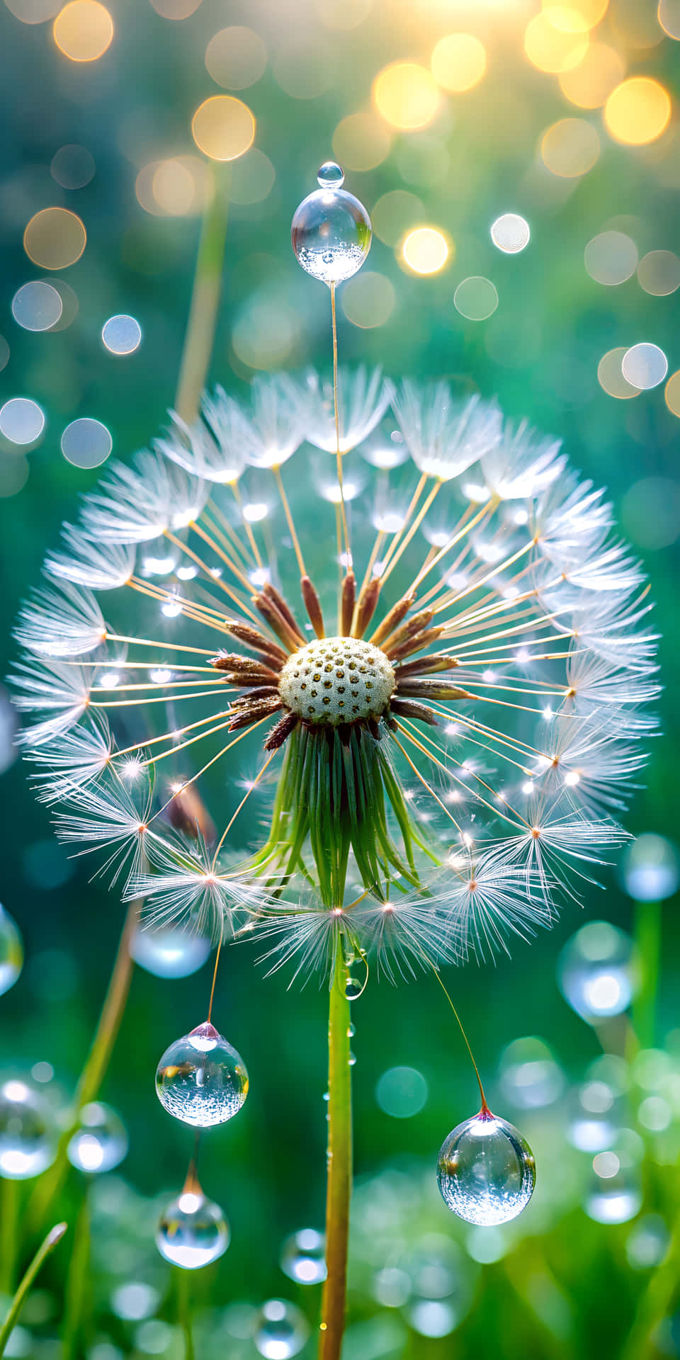 Dandelion Seed Parachute as a Floating Observatory with Aphids and Dewdrop Lenses 壁紙 — 沾滿露水的蒲公英種子頭在金色陽光下閃耀，羽毛狀的降落傘上掛著閃閃發光的水滴。