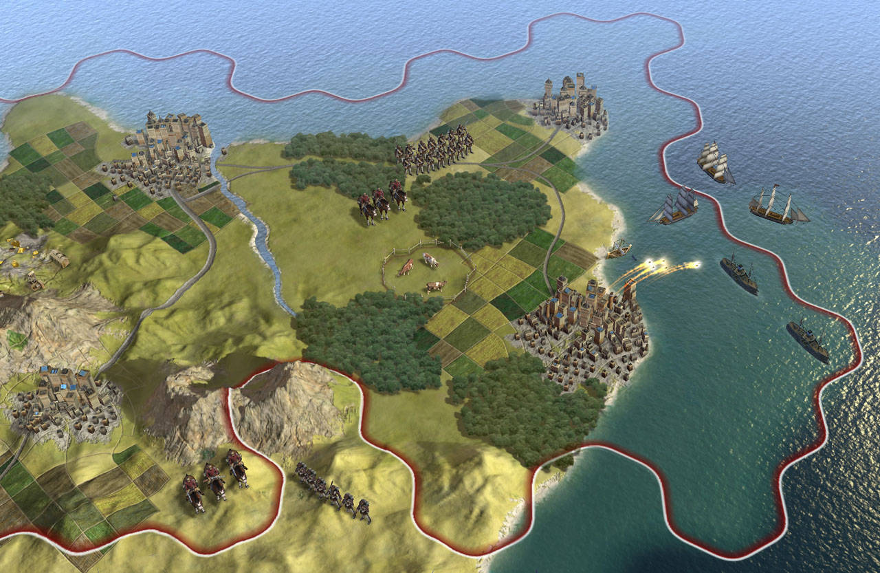 civilization 5 桌布 壁紙 — 沿海地區的戰略地圖視圖，軍隊穿越農田和森林行進，而海軍艦艇在海洋中戰鬥。