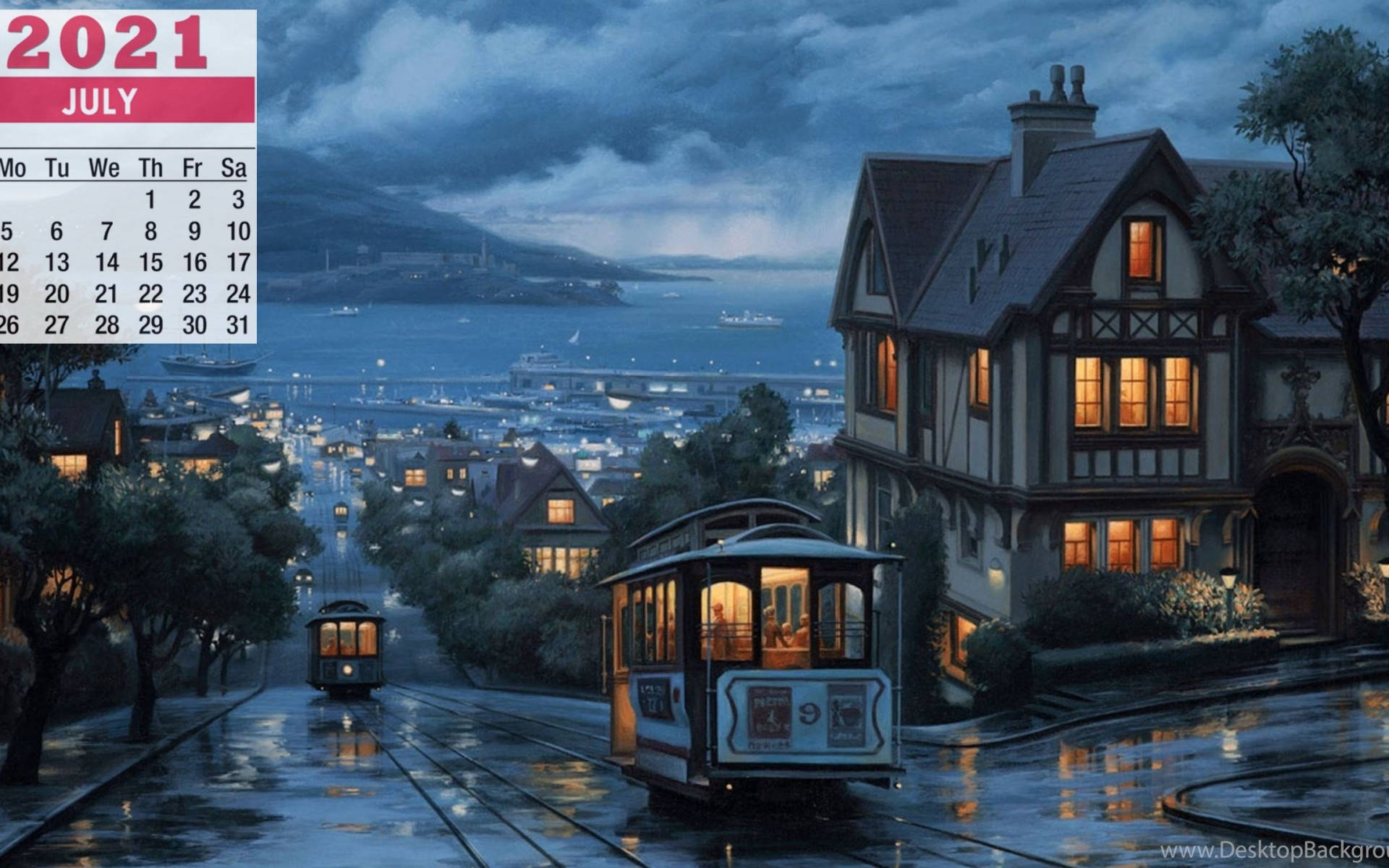 七月 桌布 壁紙 — 沿海小鎮的雨夜黃昏場景，發光的窗戶和濕漉漉街道上的纜車。