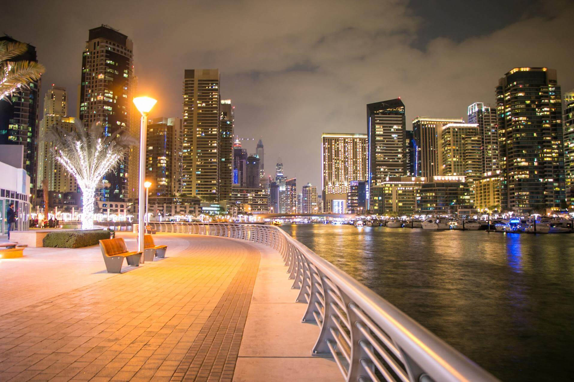 杜拜 桌布 壁紙 — 沿著海濱長廊的充滿活力的夜間城市景觀，發光的摩天大樓倒映在平靜的水面上。