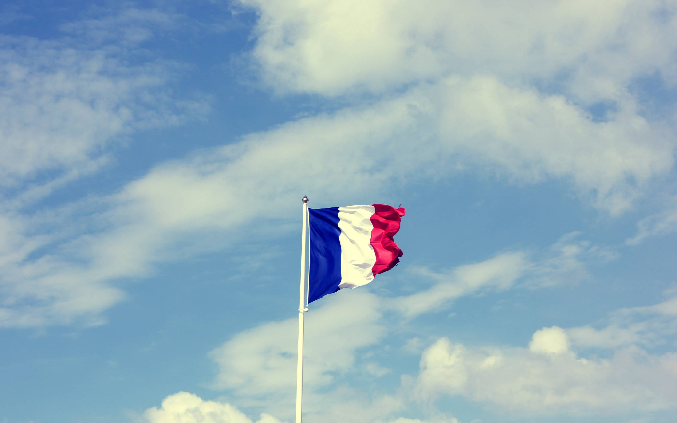 France Flag 桌布 壁紙 — 法國國旗在佈滿 fluffy 白雲的明亮藍天下自豪地飄揚。