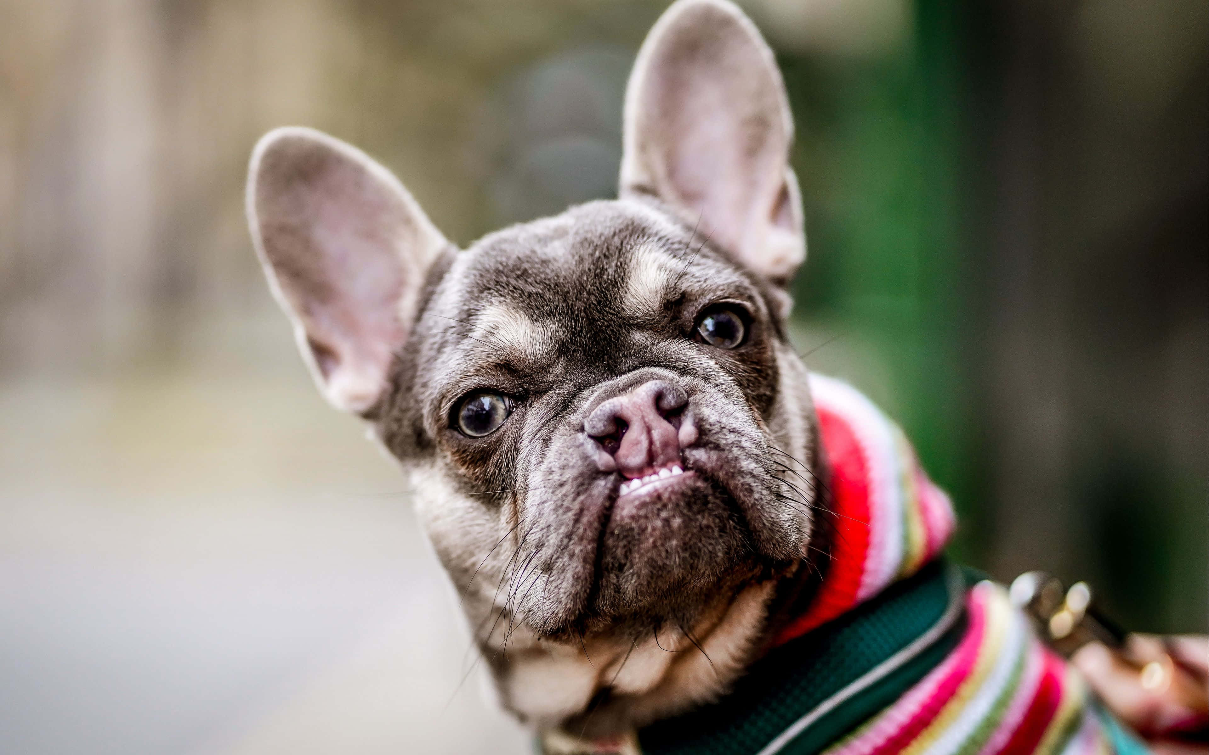 Bulldog 桌布 壁紙 — 法國鬥牛犬穿著彩色條紋毛衣，睜大眼睛向上看的特寫。
