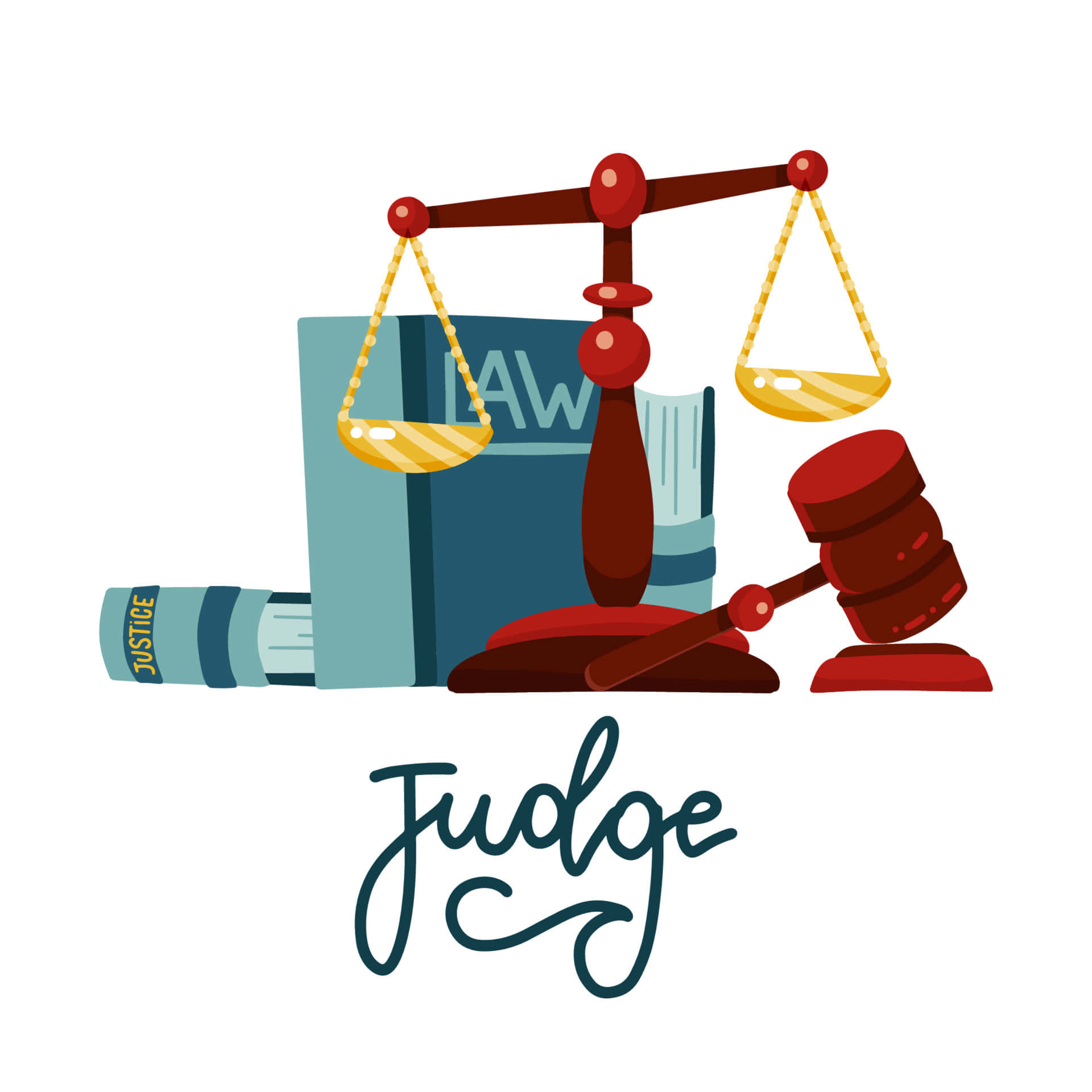 Justice 桌布 壁紙 — 法官槌、正義天秤及法律書籍的平面向量插圖，下方寫有「judge」字樣。