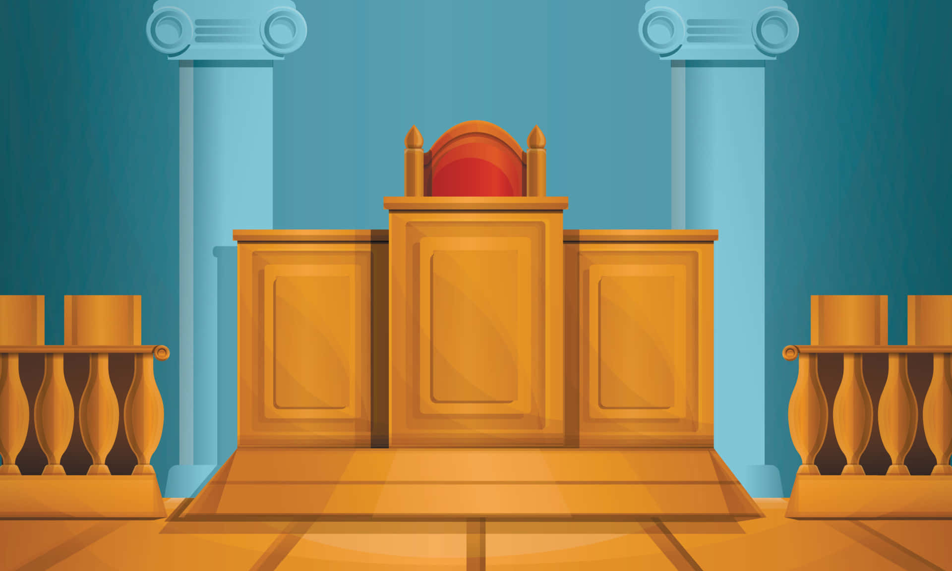 Courtroom 桌布 壁紙 — 法庭中，一個大型木製法官席，中央有紅色軟墊座位，兩旁是藍色柱子。